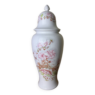 grande potiche couverte Vintage en porcelaine a fond blanc vers 1970