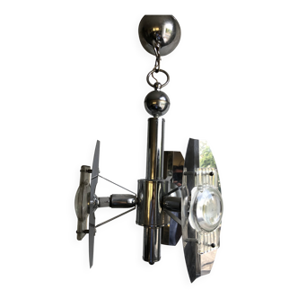Vintage chandelier in stainless steel and molded glass – Space Age design, 1970s
