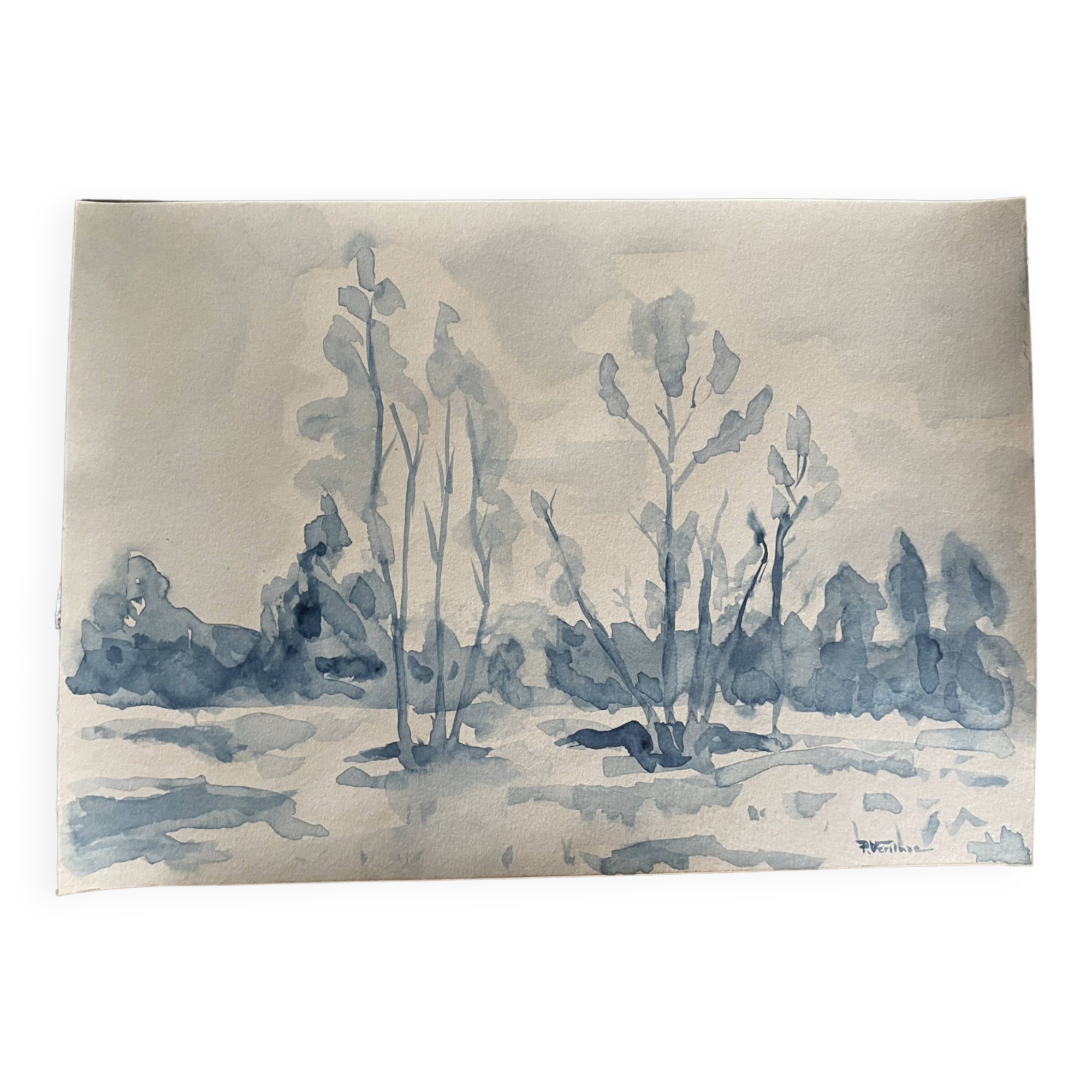 Tableau Aquarelle signé monochrome blue jeans « la forêt bleue »