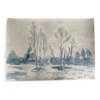 Watercolor painting signed monochrome blue jeans "the blue forest"