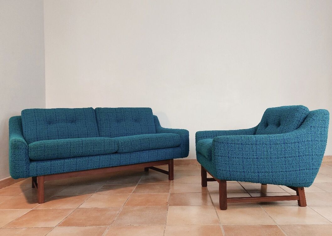 Norwegian living room set in blue fabric, vintage scandinavian 1960s