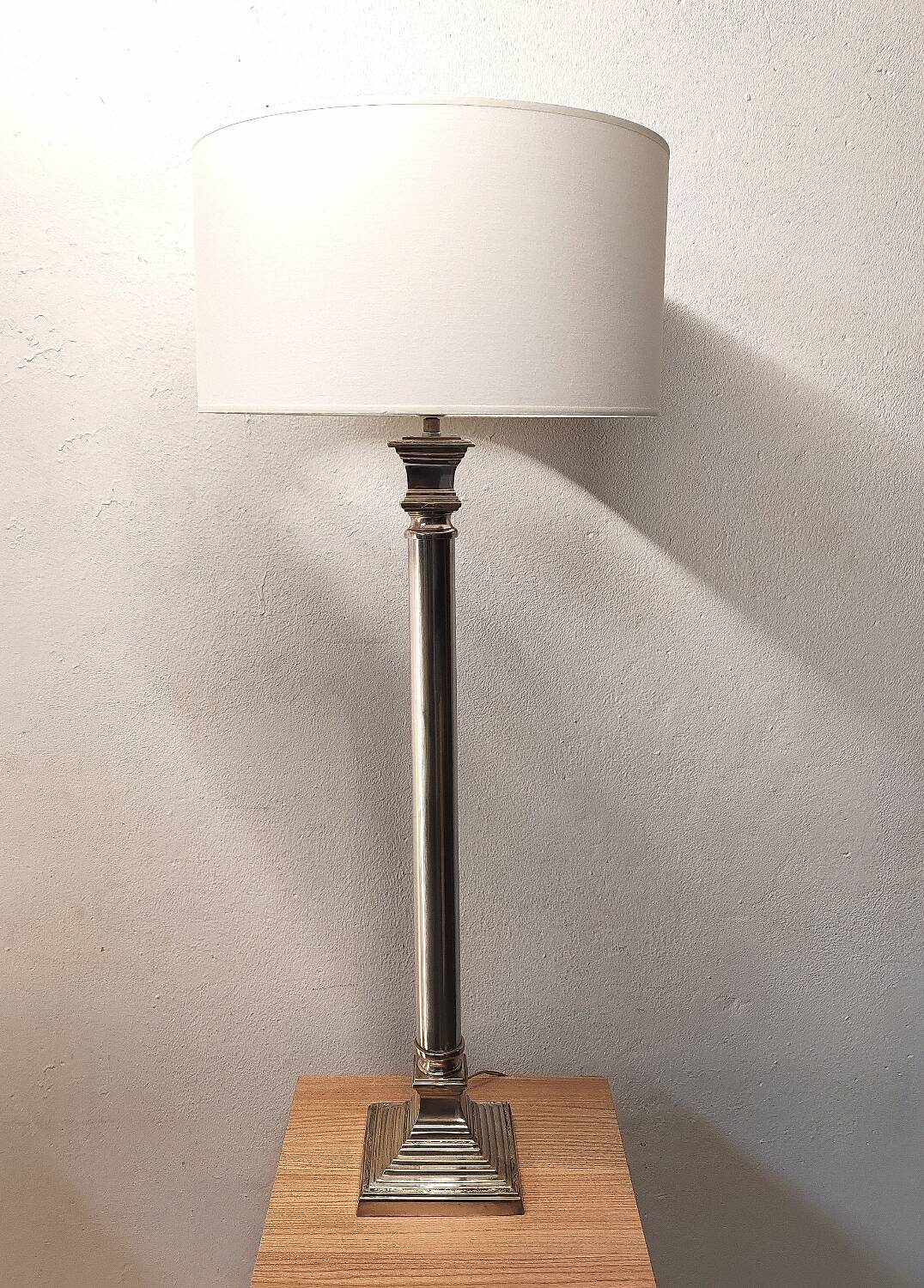 Large silver metal empire style column lamp
