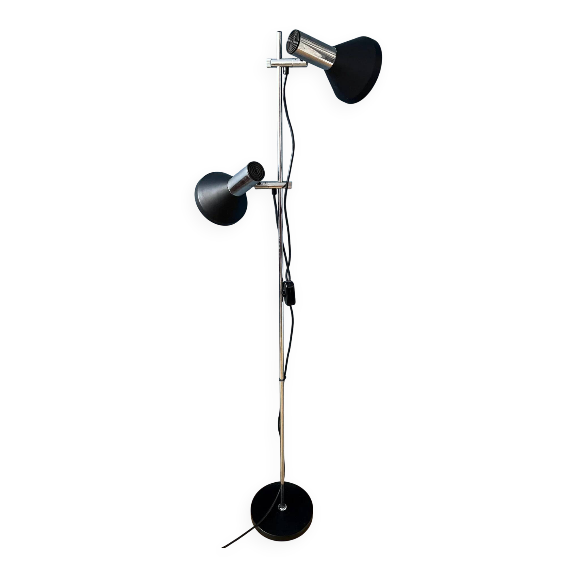 Vintage black mid-century floor lamp with two aluminium spots