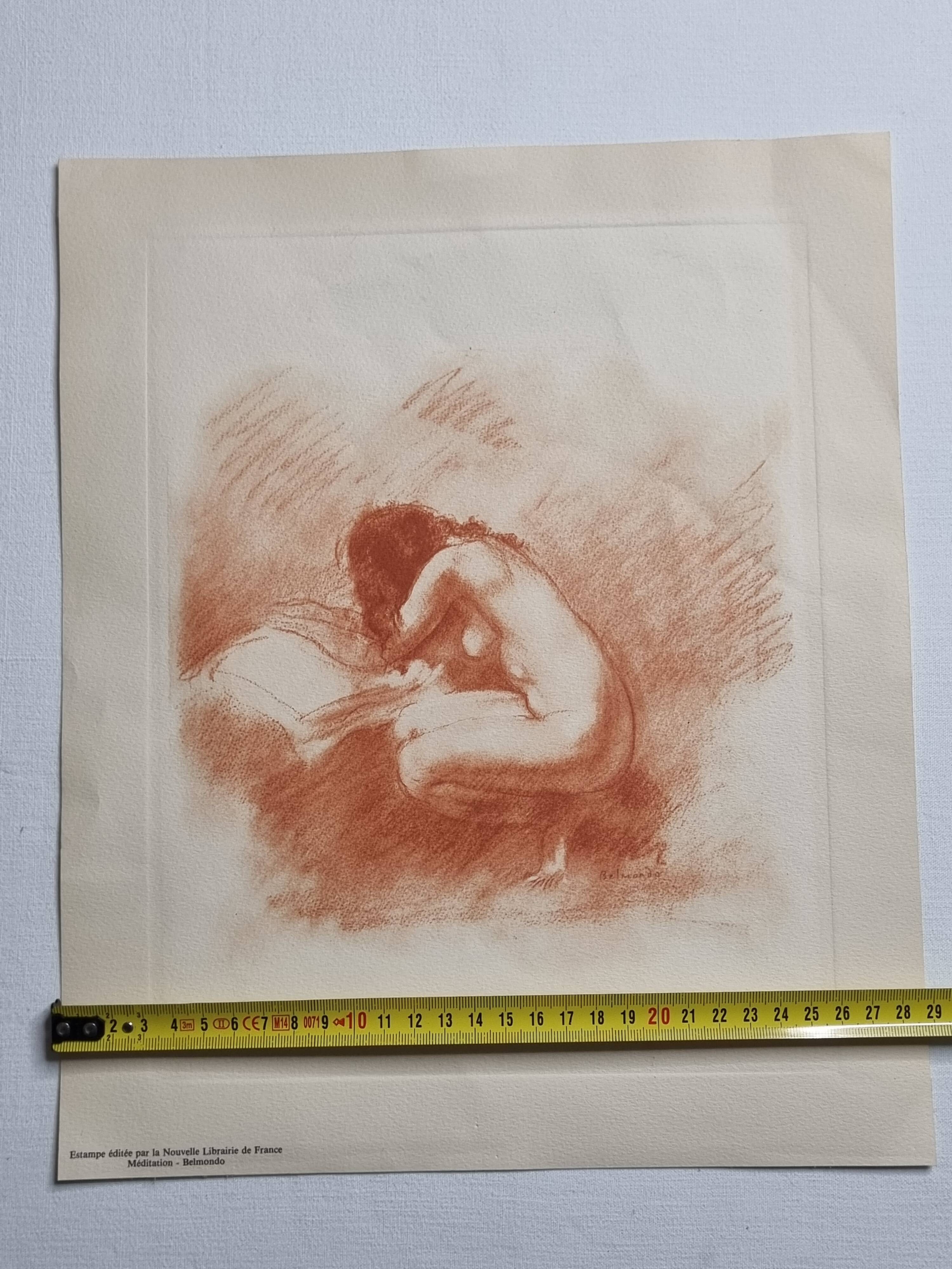 Print "Nude crouching on the pillow" in sanguine after Paul Belmondo, 29 x 34.5 cm