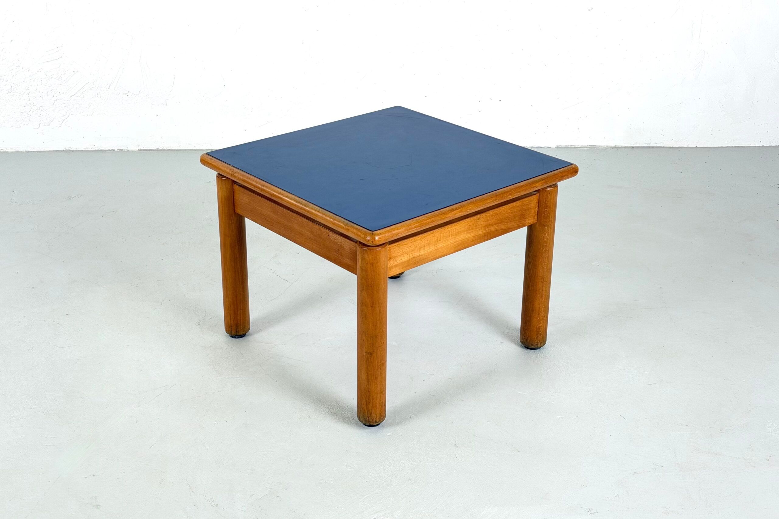 Beech coffee table with a blue formica top, France – 1960s
