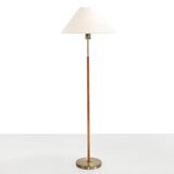 Paavo Tynell style floor lamp in brass and leather with linen shade