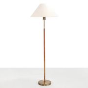 Paavo Tynell style floor lamp in brass and leather with linen shade