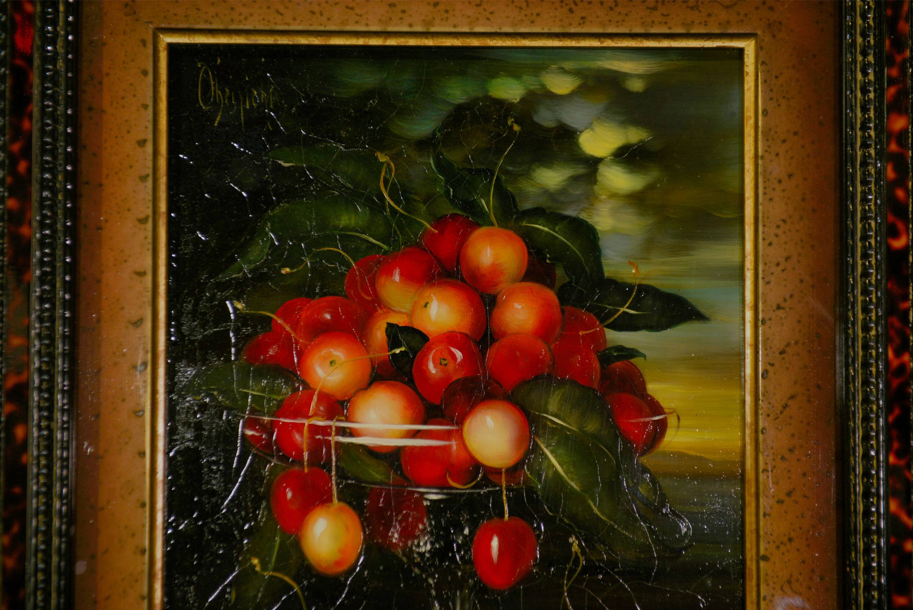 Oil painting on canvas Crystal with a bouquet of cherries by D. Obeniale 1950