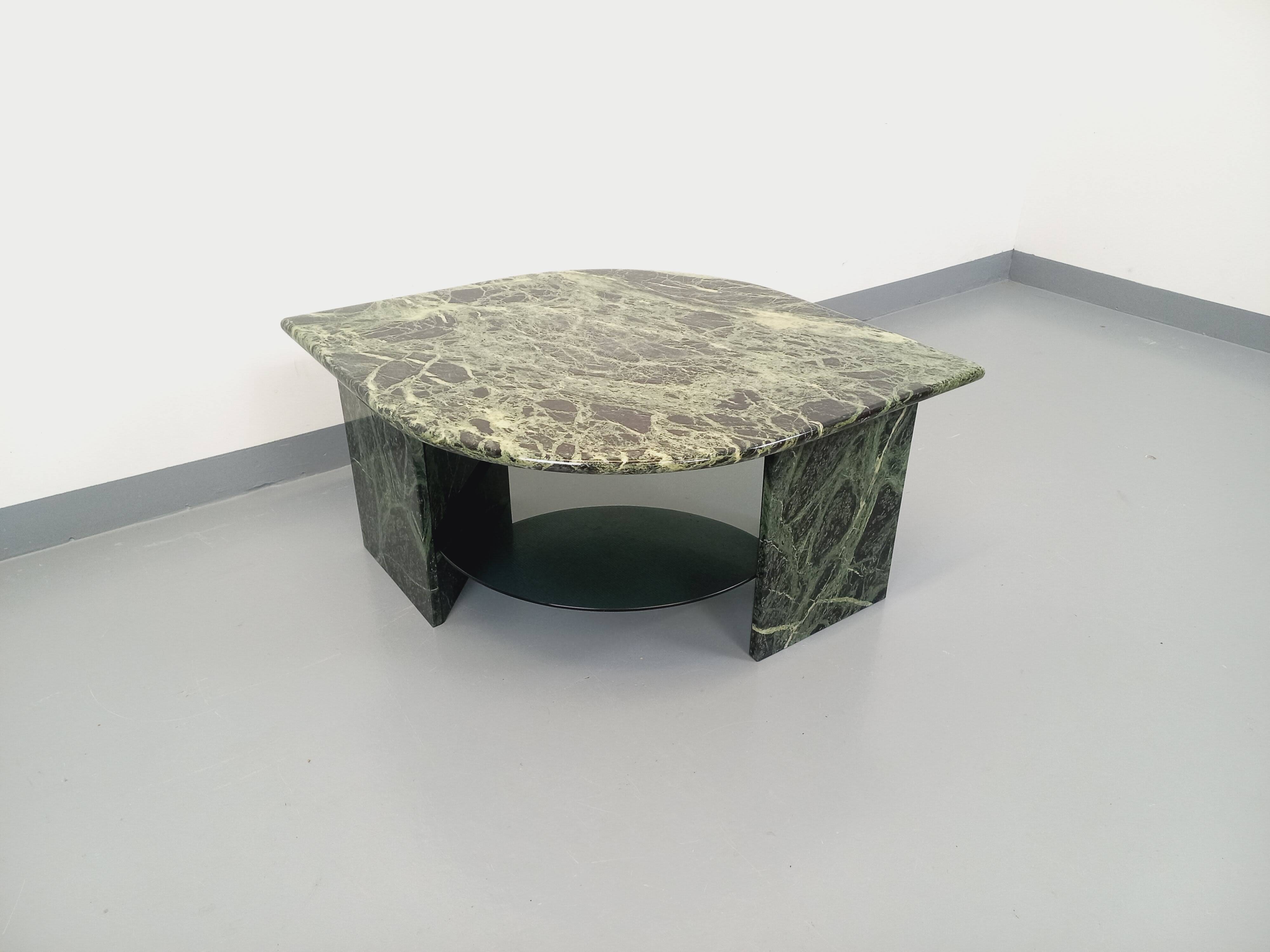 Vintage square coffee table with 2 green marble and smoked glass tops