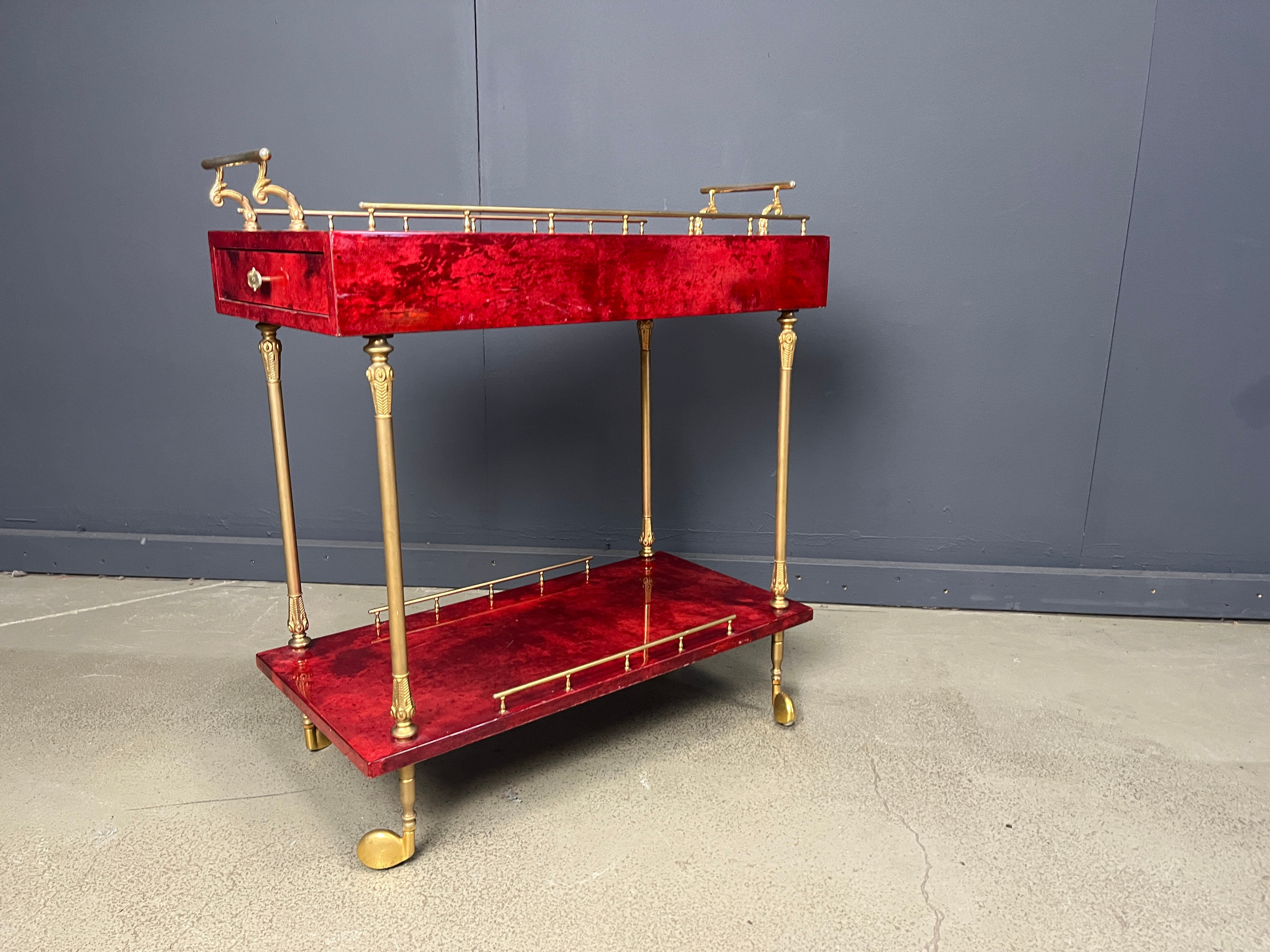 Rare Italian lacquered goatskin / parchment serving bar cart by Aldo Tura, 1960s