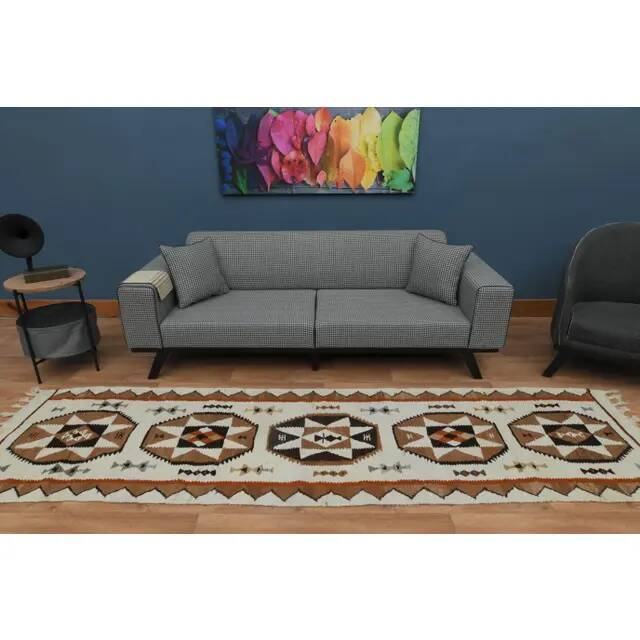 1970s Vintage Turkish Oushak Handmade Wool Cotton Beige Runner Rug 87x326