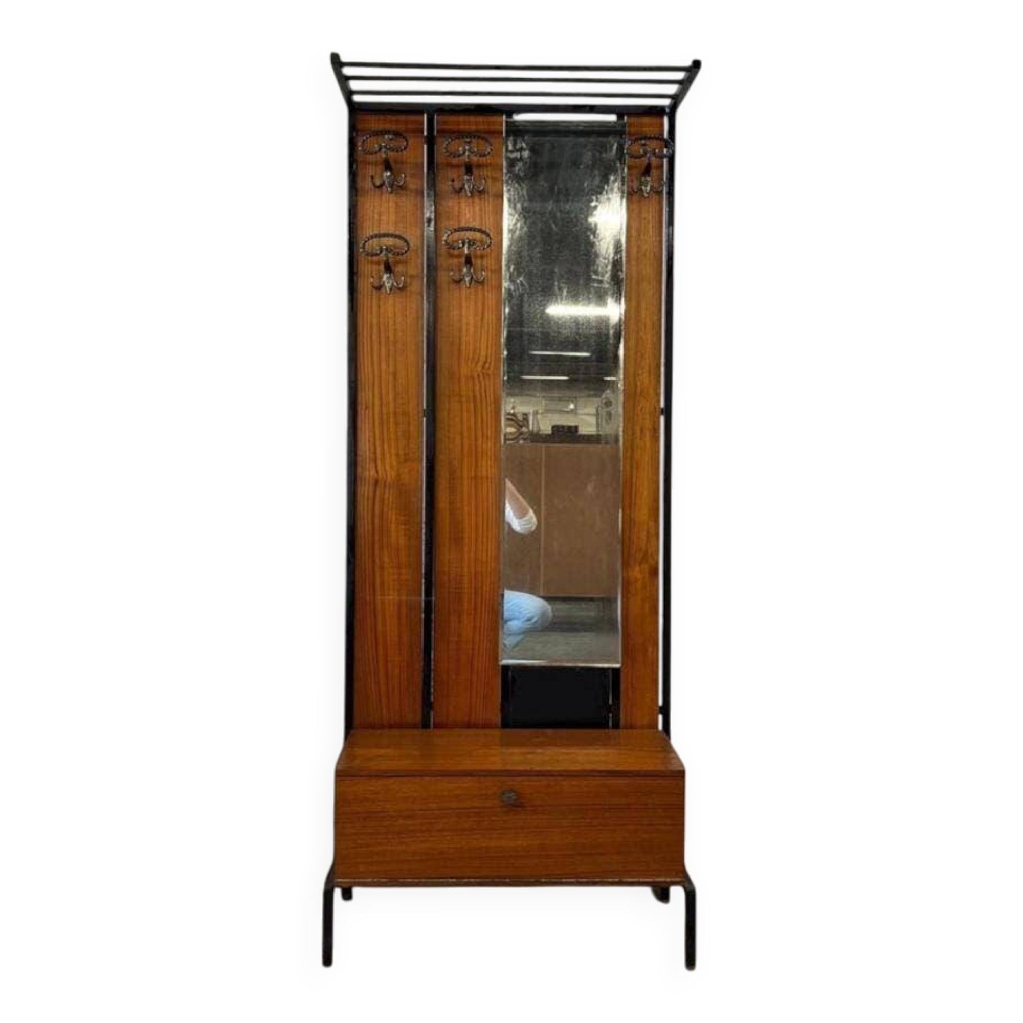 Vintage wooden coat rack with mirror