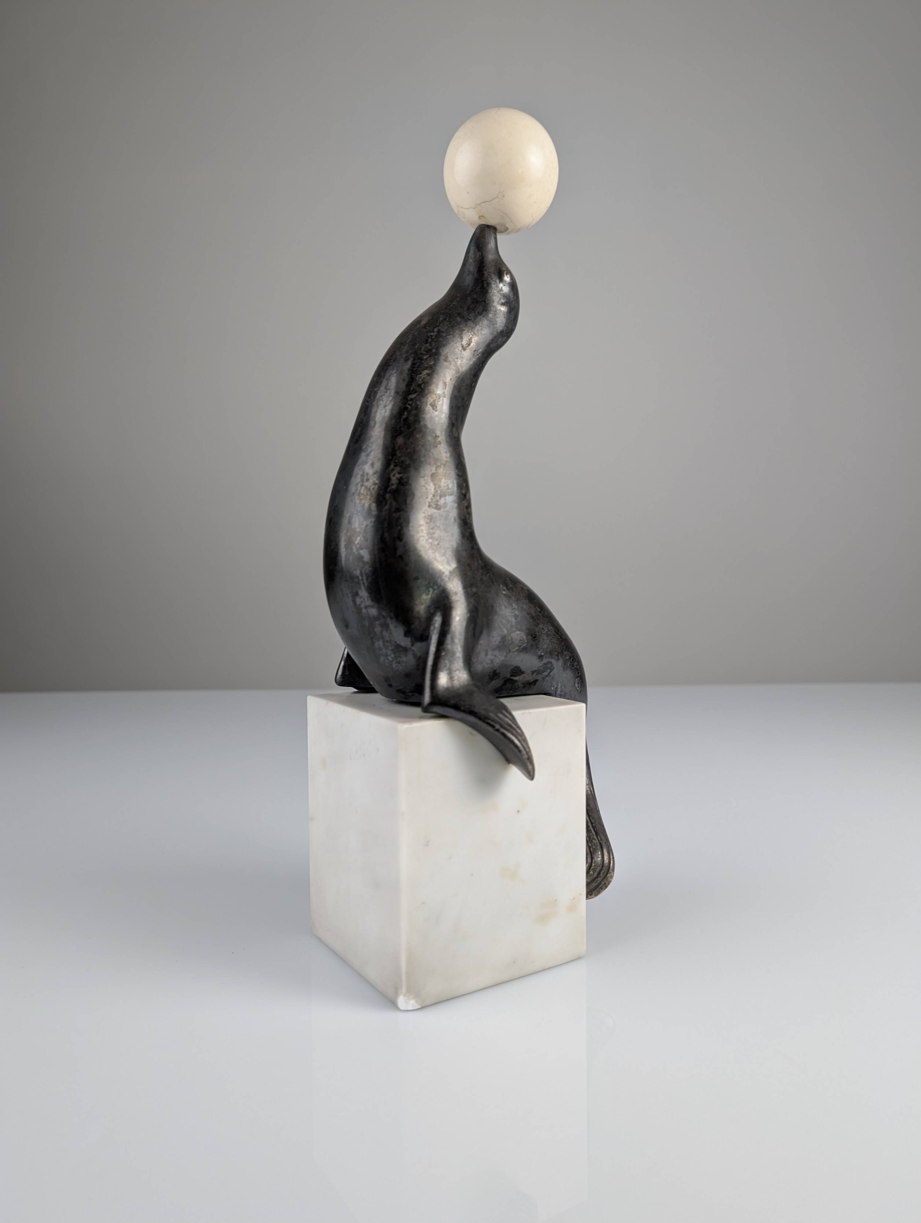 Art Deco Chryselephantine Sculpture Sea Lion att. Marcel-André Bouraine, 1900s