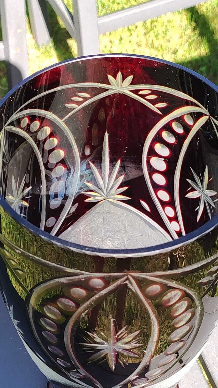 Bohemian/Czech Boho crystal vase, Burgundy red, vintage