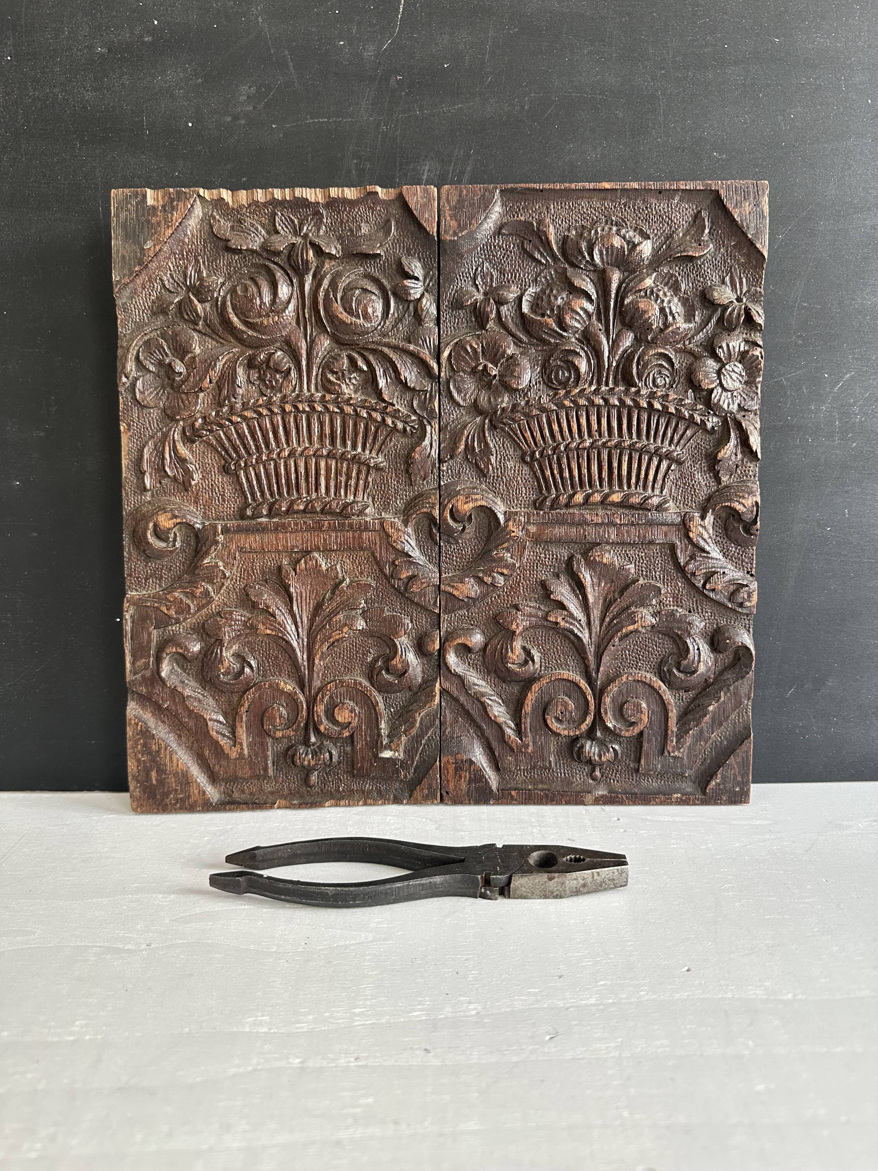 Pair of antique decorative panels in carved wood, 19th century