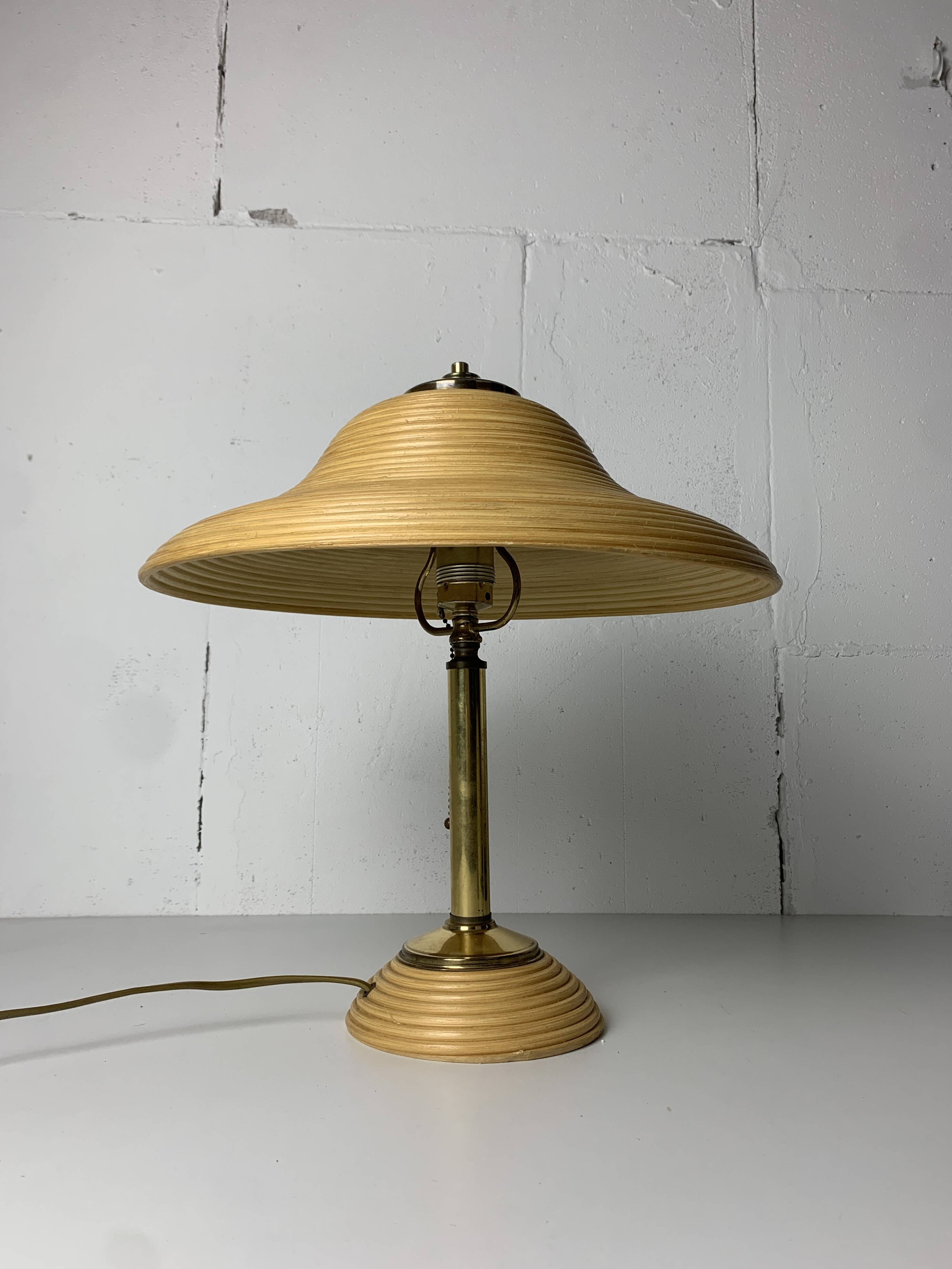 Pencil reed rattan bamboo and brass table lamp, Italy, 1970s