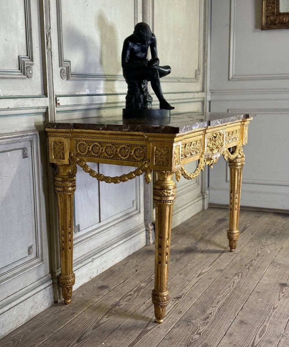 Louis XVI Console in Gilded Wood, Grey Ardennes Marble, 18th Century