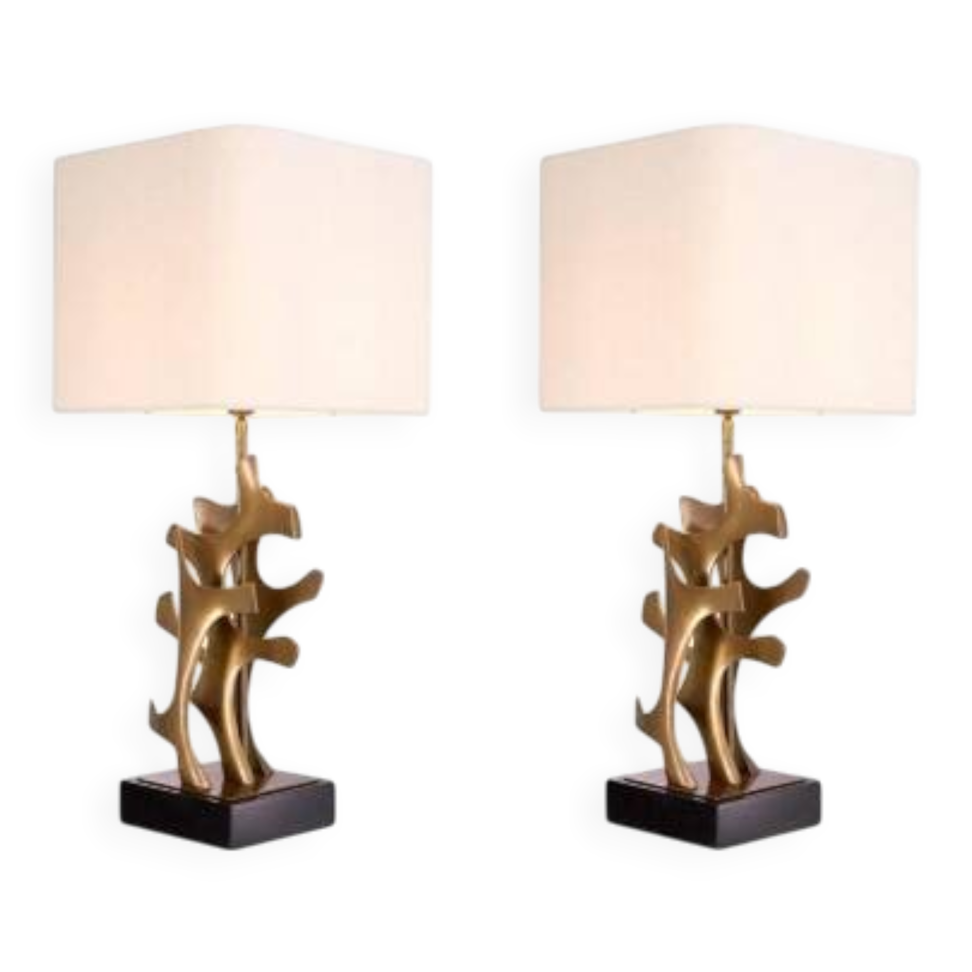 Pair of patinated brass table lamps with black granite base.
