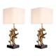 Pair of patinated brass table lamps with black granite base.