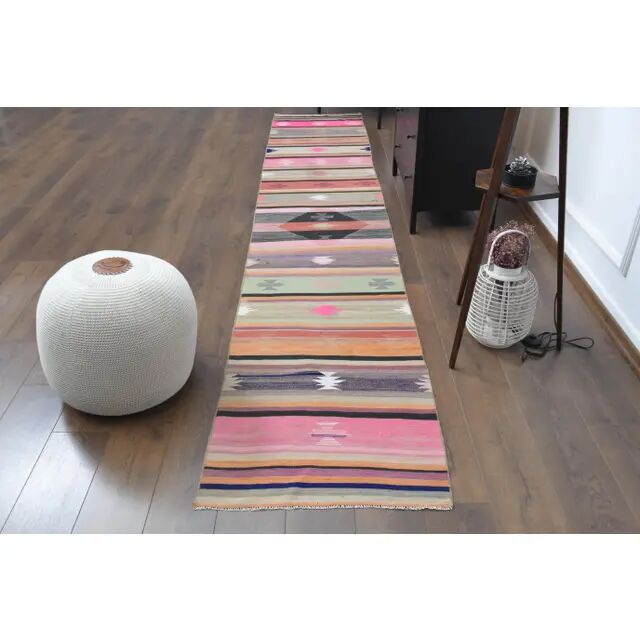 Vintage Turkish Hand-Knotted Wool Cotton Pink Runner Rug 72x398