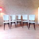 5 vintage chairs from the 60s, white leatherette, mahogany wood