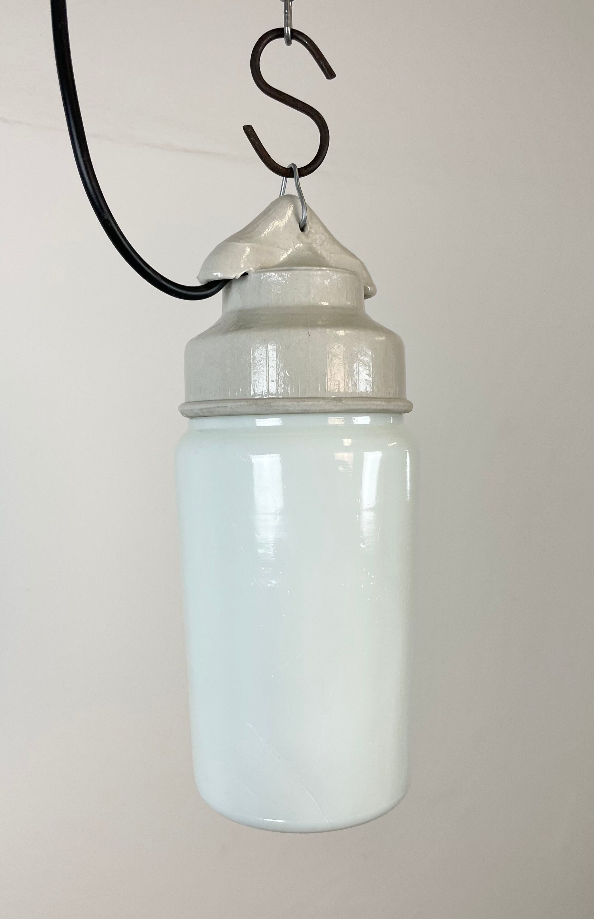 Industrial White Porcelain Pendant Light with Milk Glass, 1970s
