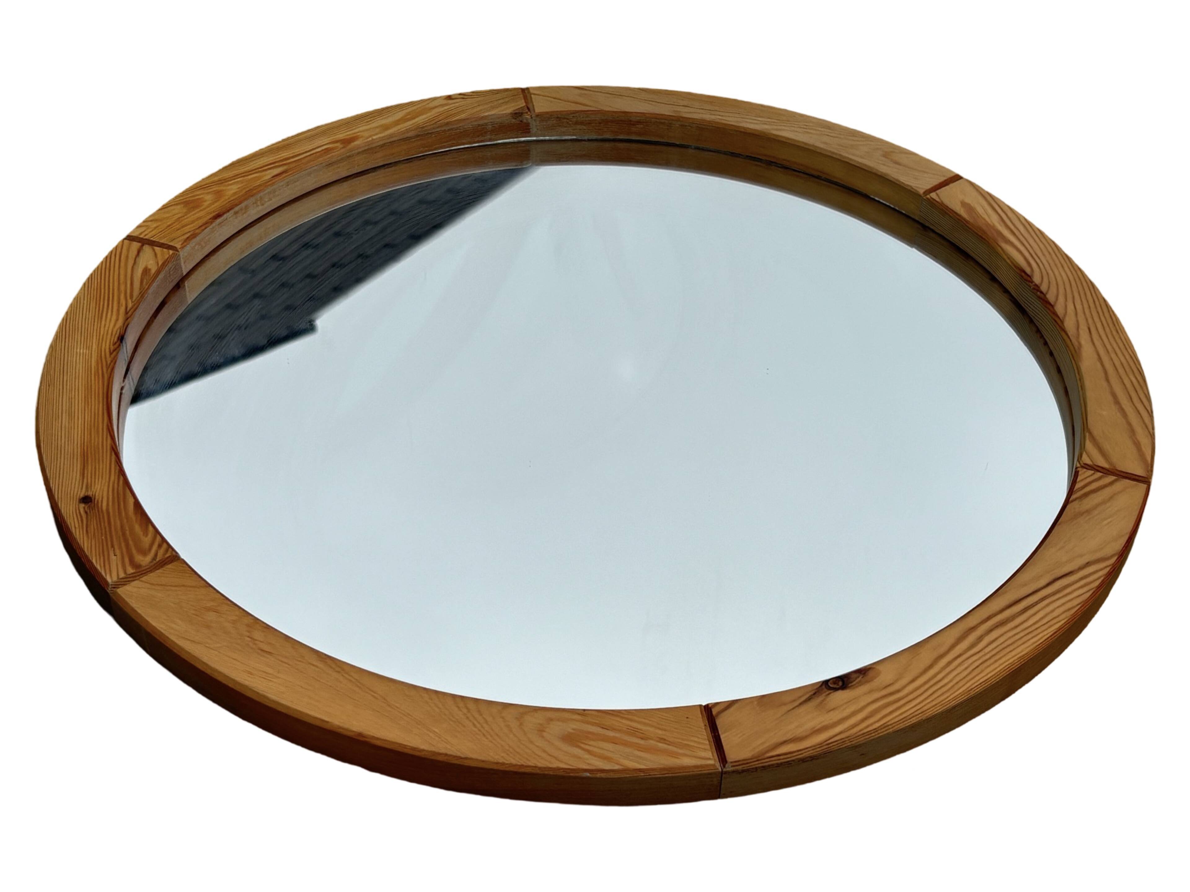 Vintage 70s round pine mirror Swedish design