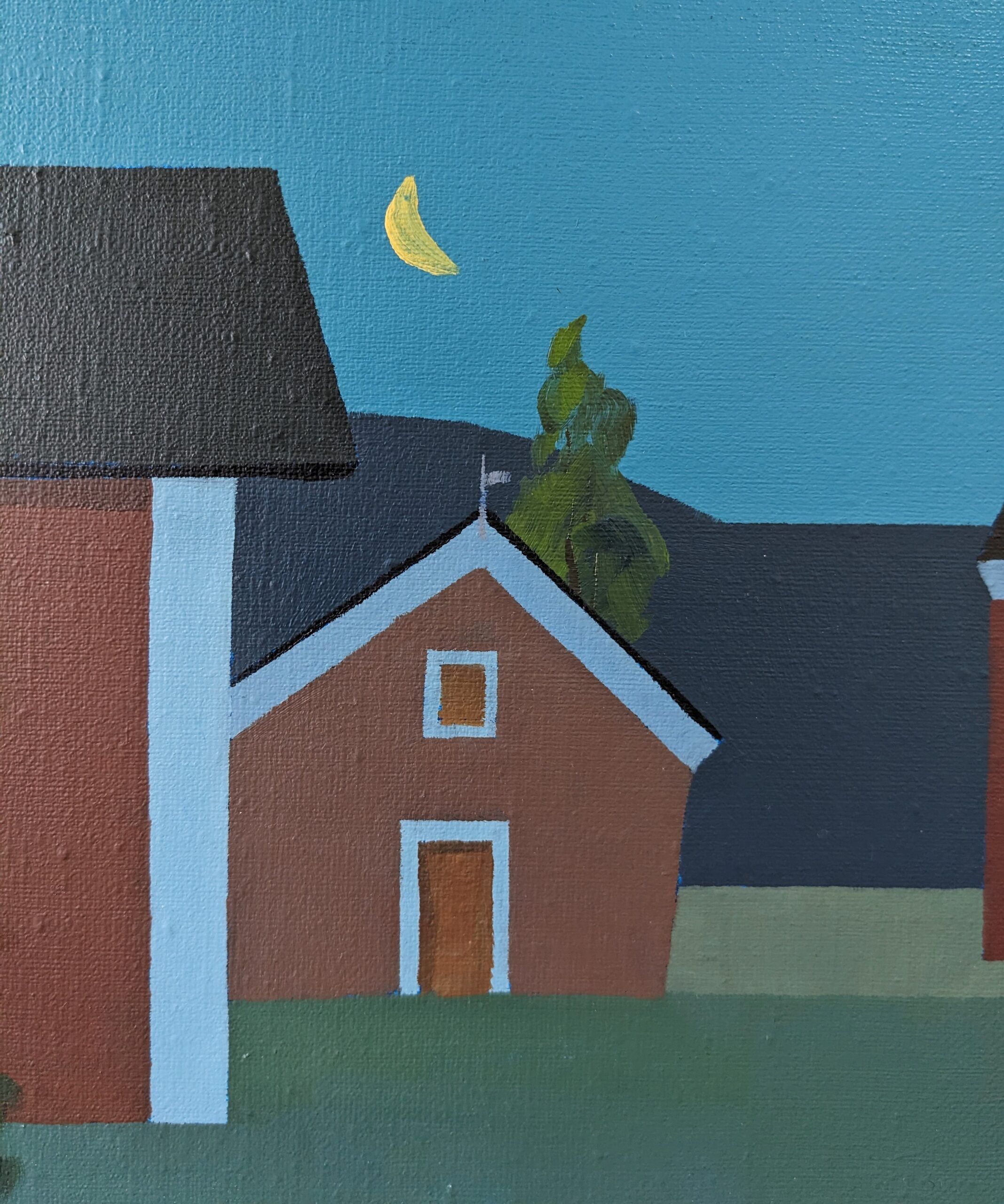 Contemporary Modernist Style Swedish "Houses at Midnight" Framed Street Scene Oil Painting, 1998