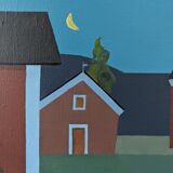 Style moderniste contemporain suédois « Maisons à minuit » Peinture à l’huile encadrée de scène de rue, 1998