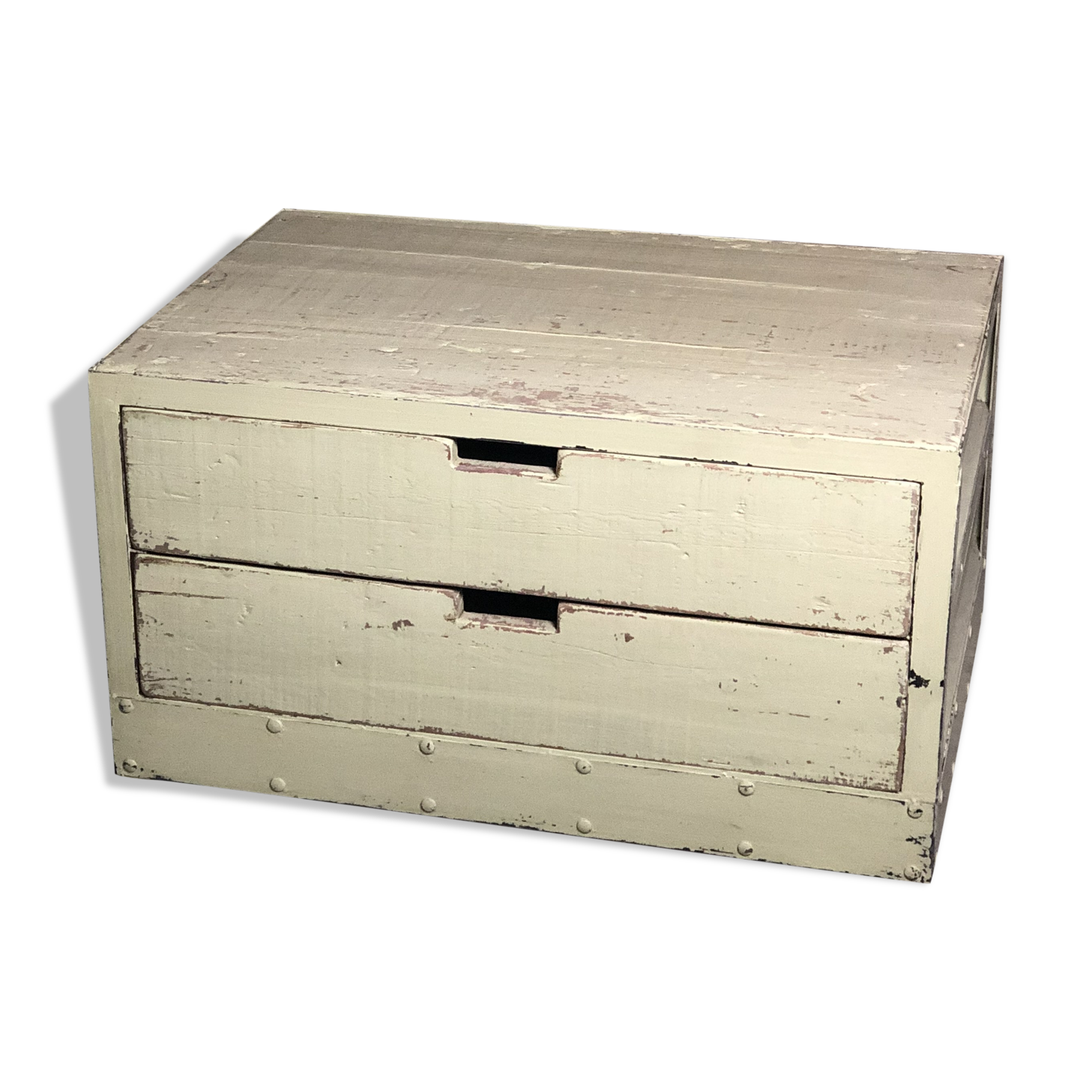 Storage / coffee table in wood and pastel green iron patina