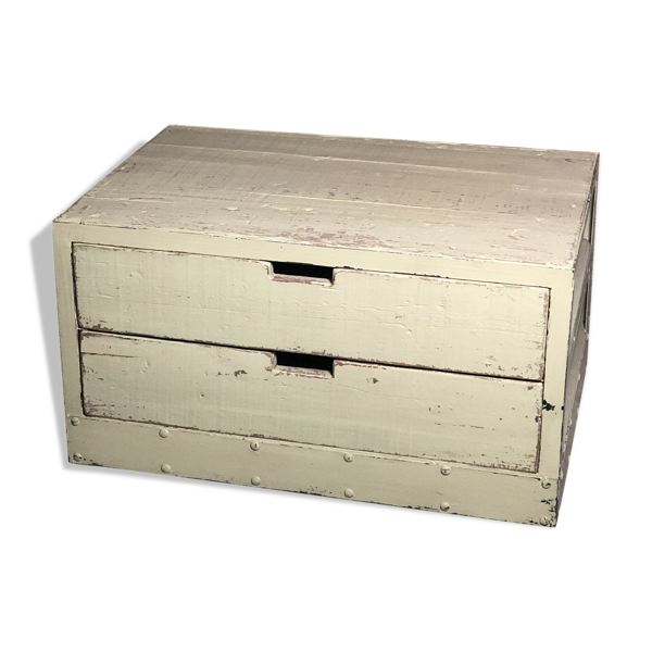 Meuble de rangement table basse en bois et fer vert pastel patiné