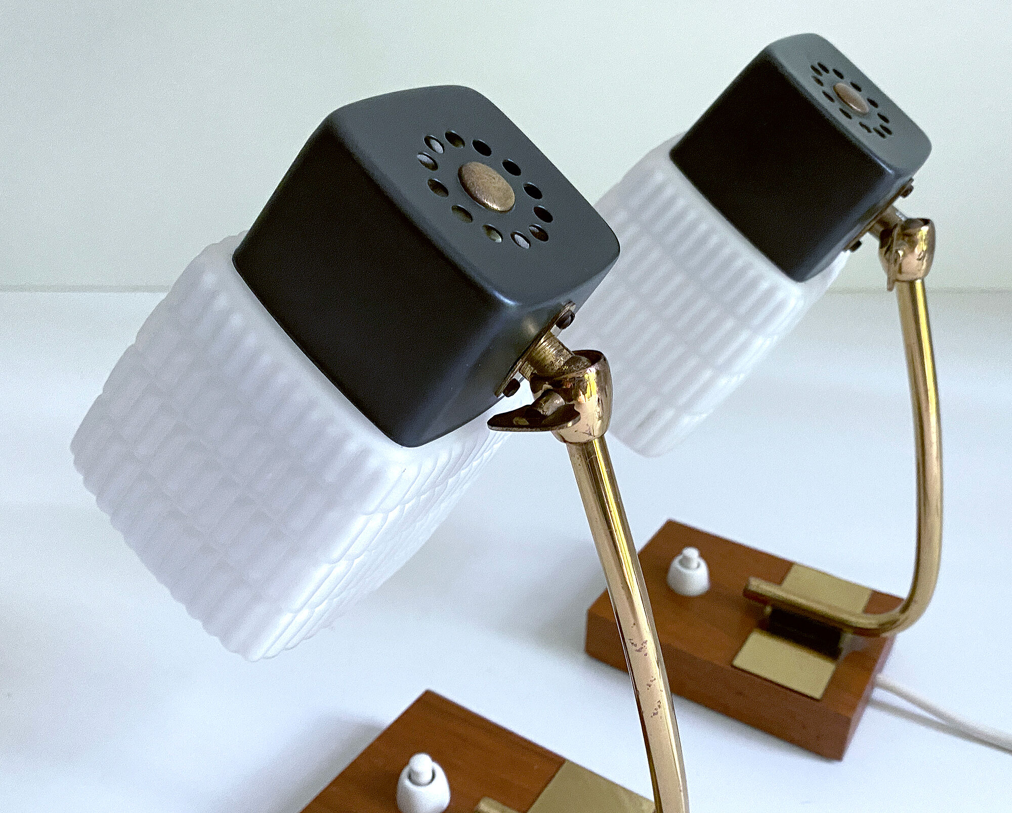 Pair of vintage Scandinavian lamps, teak and glass, 60s