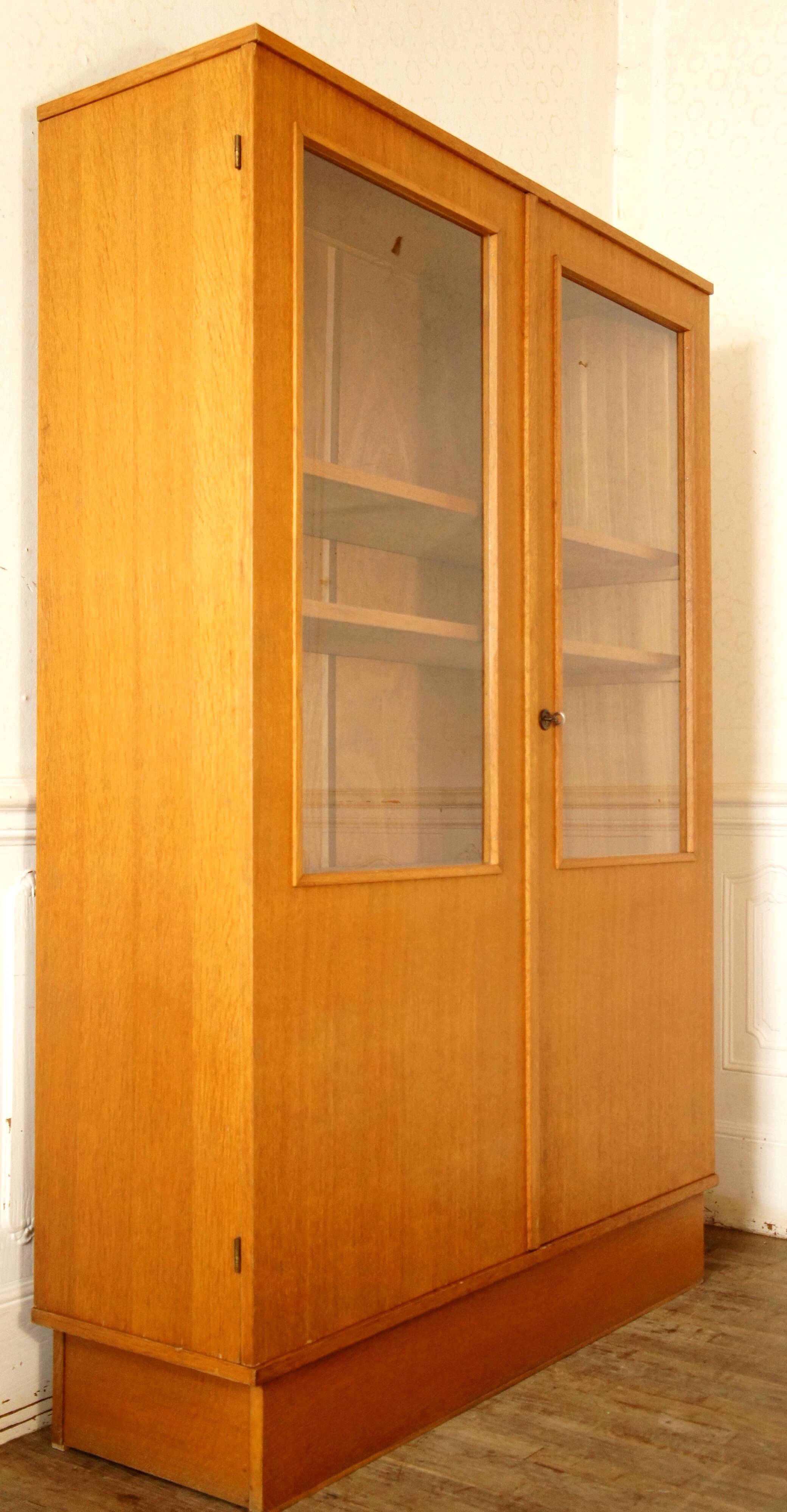 Modernist glass library in blond wood 1960