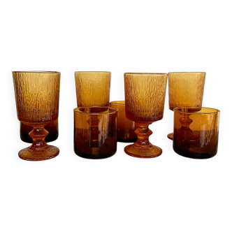 8 mismatched vintage amber glasses