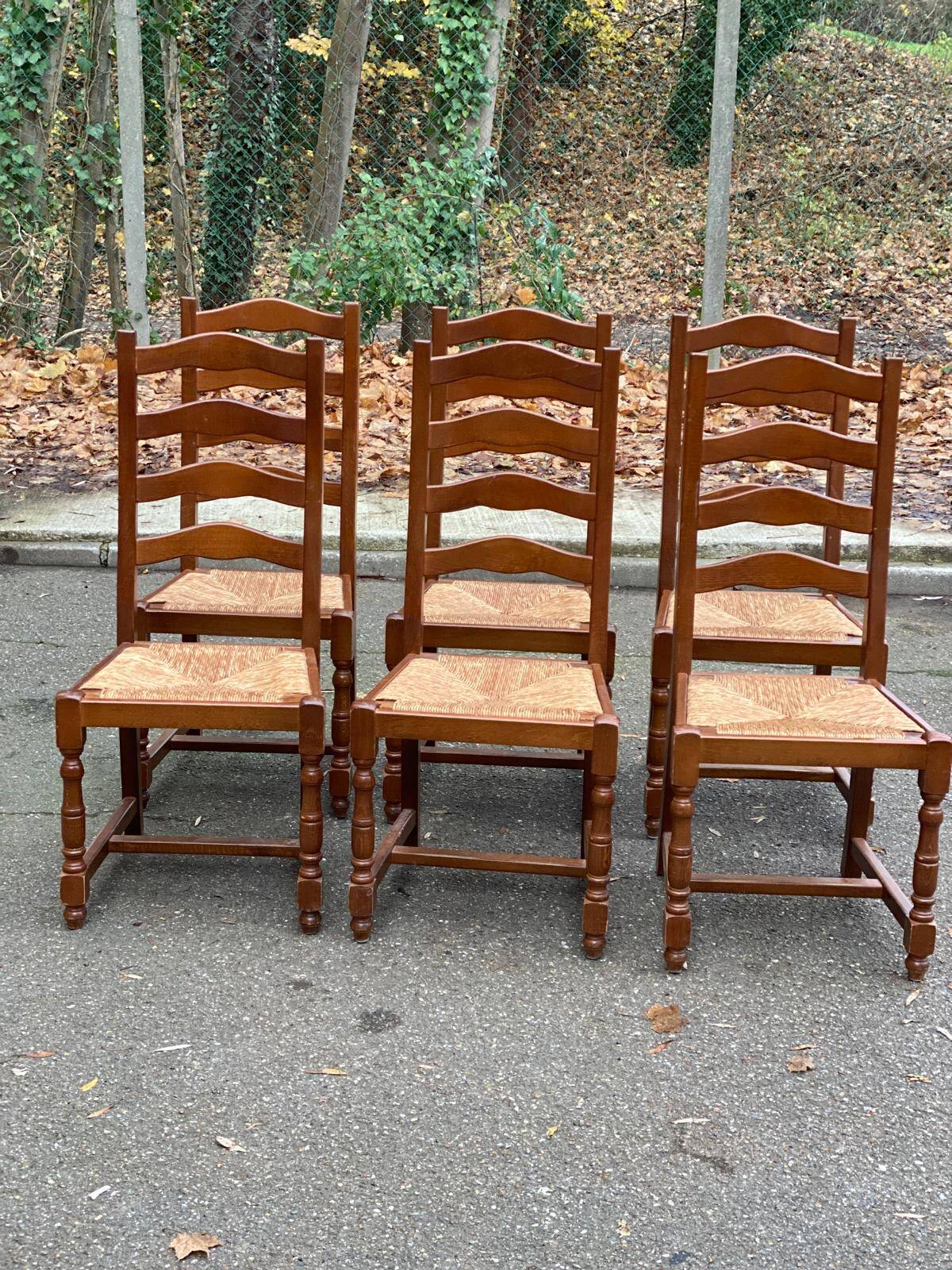6 solid oak dining chairs with straw seats, 104cm