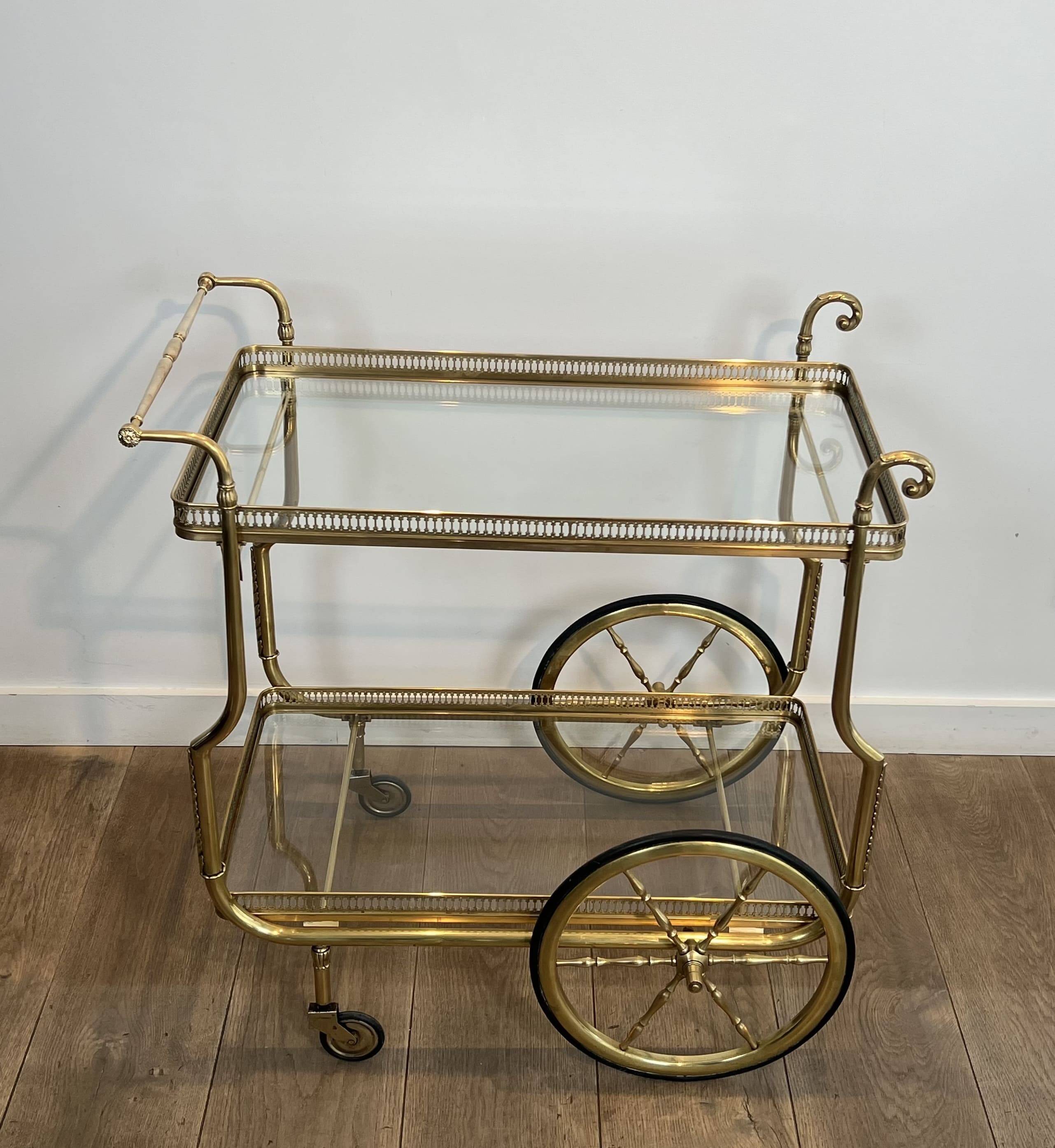 Rolling Table with Large Brass and Glass Wheels, Maison Jansen, Circa 1940