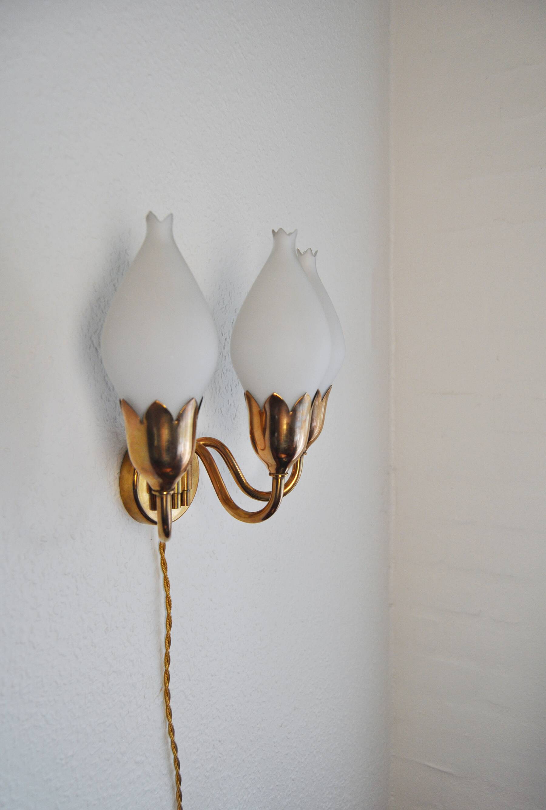 Fog & Mørup 3-Arm Brass and Opaline Glass Tulip Wall Lamp