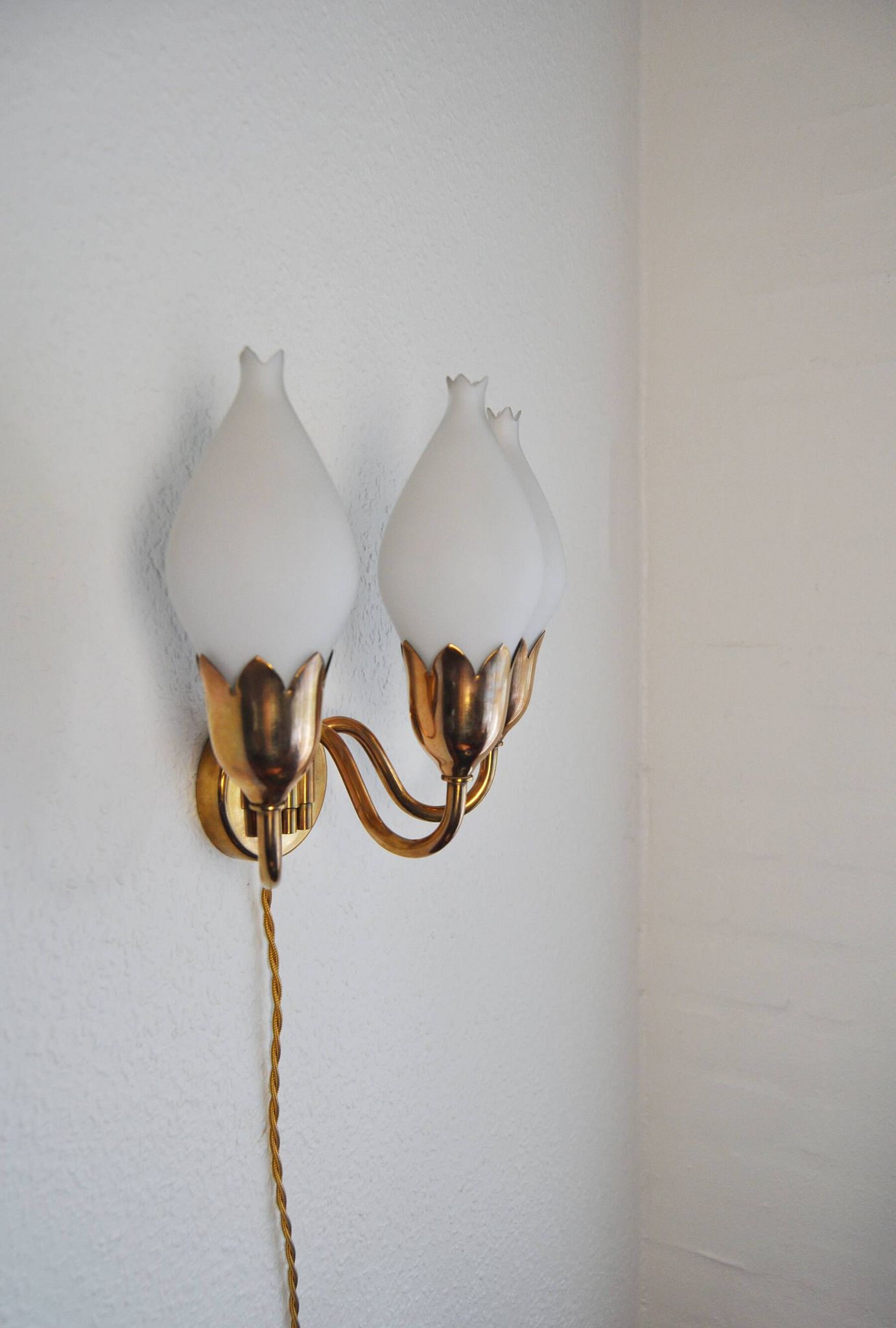 Fog & Mørup 3-Arm Brass and Opaline Glass Tulip Wall Lamp