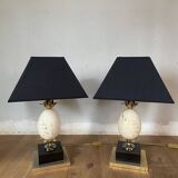 Pair of designer ostrich egg lamps in travertine from maison barbier
