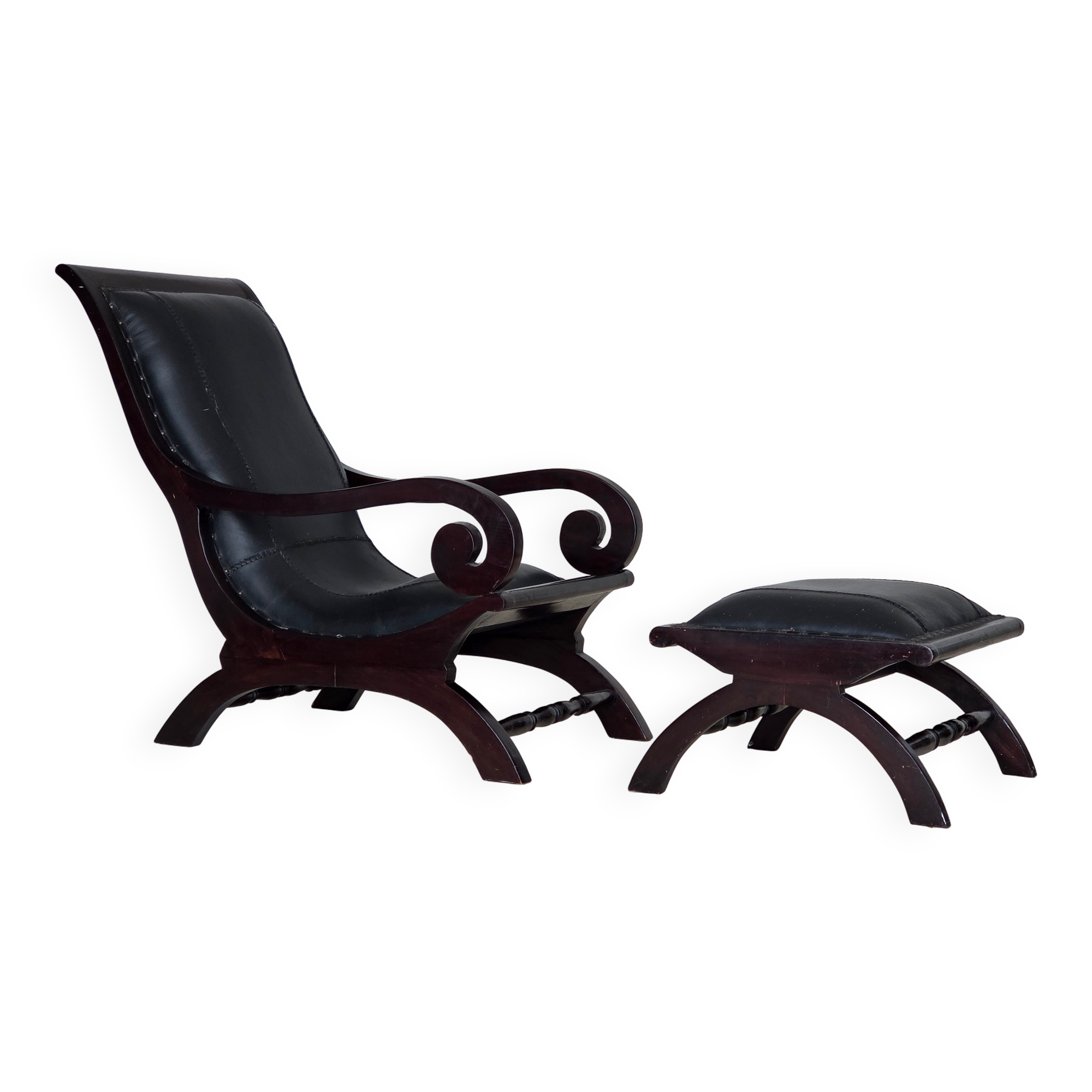 1970s, vintage armchair with footstool, black furniture leather.