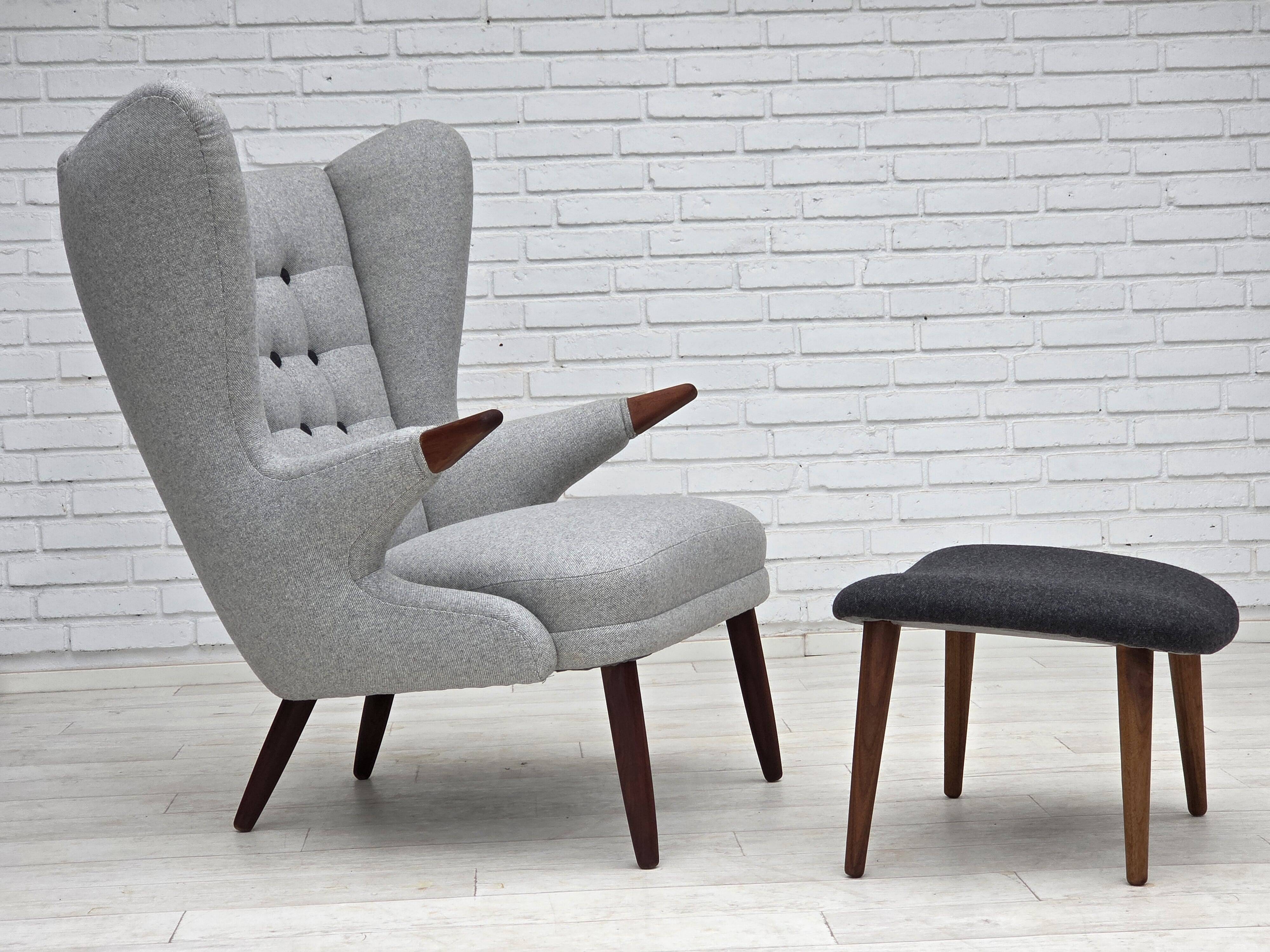 1960s, Danish "Teddy chair" with stool, reupholstered, wool, teak wood.