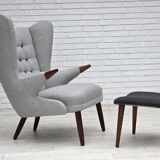 1960s, Danish "Teddy chair" with stool, reupholstered, wool, teak wood.