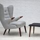 1960s, Danish "Teddy chair" with stool, reupholstered, wool, teak wood.