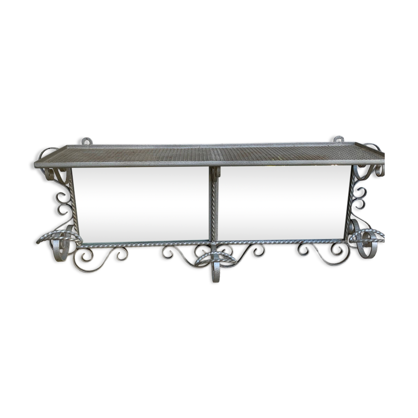 Wall coat rack, wrought iron hook with vintage mirror.