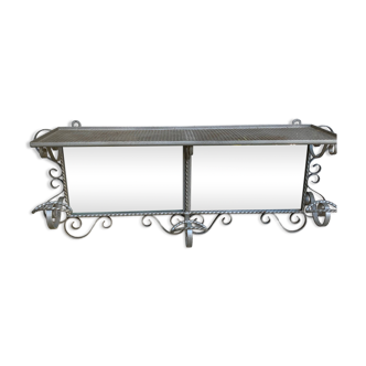 Wall coat rack, wrought iron hook with vintage mirror.