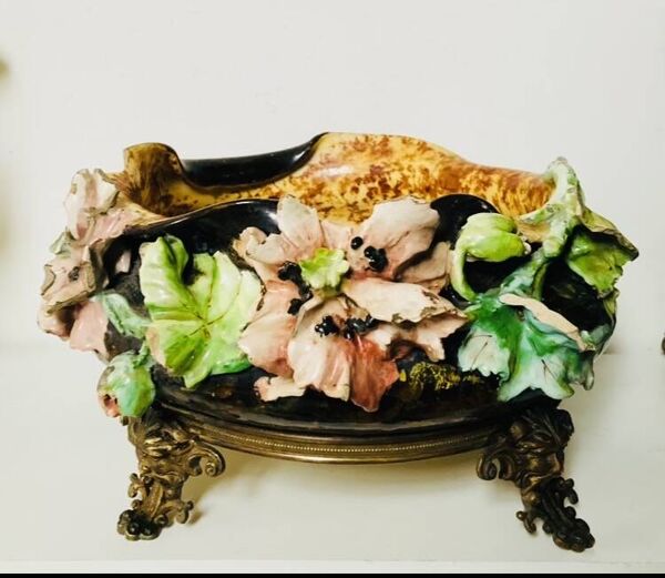 Cache pot, jardinière Napoleon III époque XIXe en barbotine et bronze