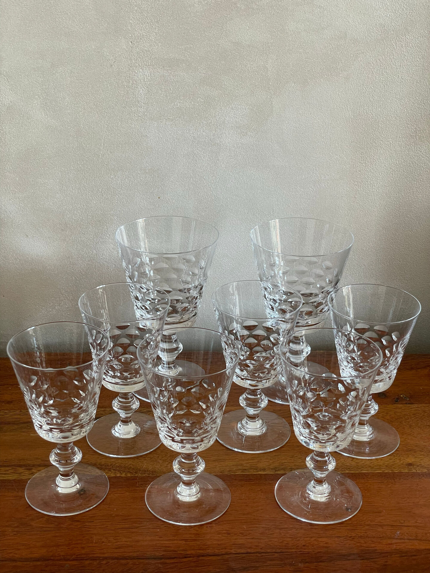 6 crystal wine glasses and 2 water glasses