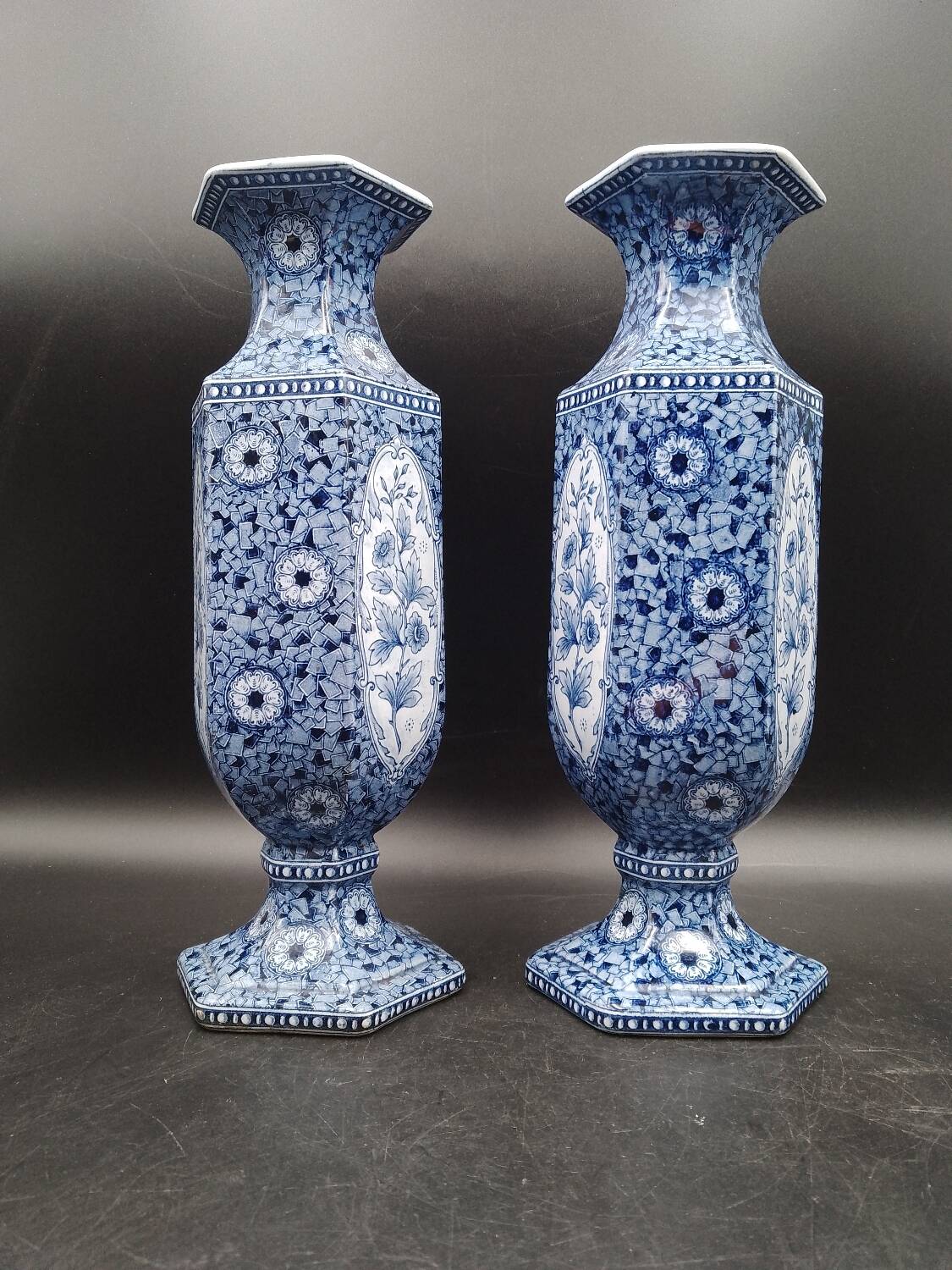 Antique 19th century Delft pair of hexagonal vases - Petrus Regout Maestricht