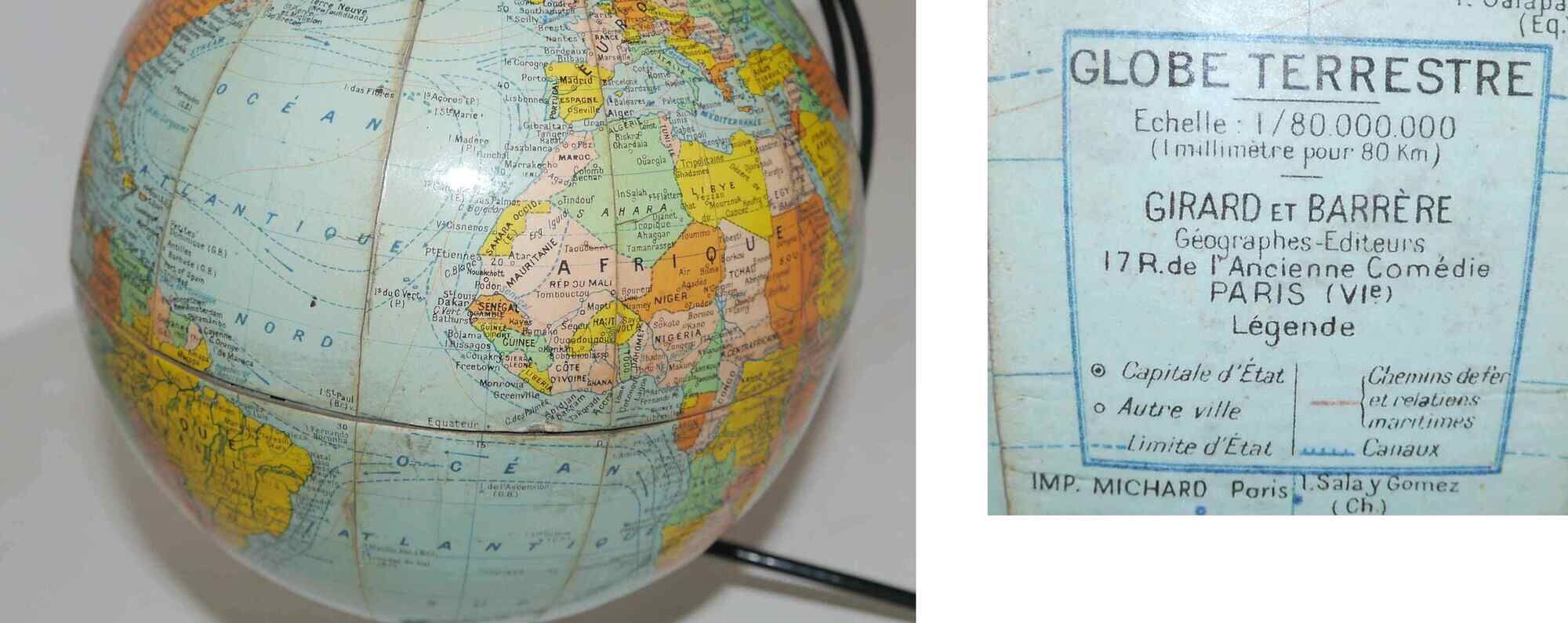 Old cardboard globe Girard and Barrère 50's