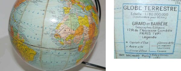 Ancien globe terrestre en carton Girard et Barrère années 50